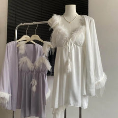 Feather Fur Trim Cami Nightdress And Bathrobe Gown Sleepwear Set