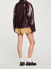 Brown Pu Leather Lapel Button Spliced Pocket Jacket