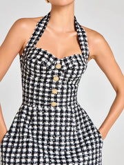 Black Plaid Tweed Halter Dress