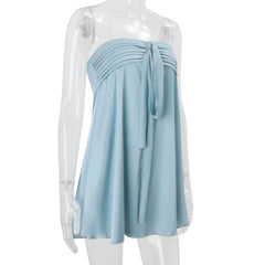 Blue Stain Strapless Tie Up Mini Dress