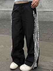Black Striped Sweatpants with Lace Patchwork
