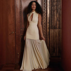 High Neck Cut Out Mesh Slit Maxi Dress