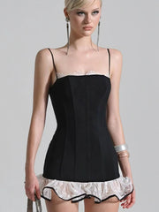 Black Frill Trim Strappy Mini Dress