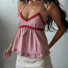 Red Gingham Lace Trim Cami Babydoll Top