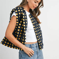 Fleece Plaid Pattern Full Button Down Vest with Pockets