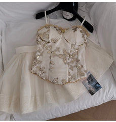 Spaghetti Strap Floral Embroidered Top and Mesh Skirt Set