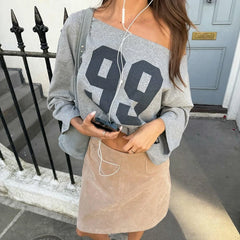Grey Off Shoulder Long Sleeve Jersey Number Graphic Tee