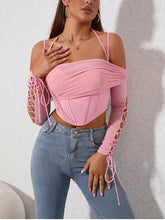 Pink Off Shoulder Lace Up Long Sleeve Corset Crop Top