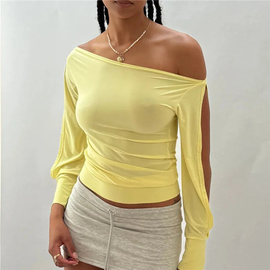 Off-Shoulder Slit Long Sleeve Top