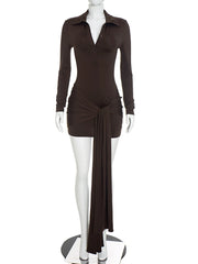 Turn-down Collar Buttoned Long Sleeve Waist Draped Mini Dress