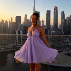 Metal-Embellished Strappy V-Neck A-line Mini Dress