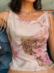 Pink Flower Print Lace-up Off-Shoulder Top