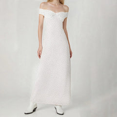 Dotted Off Shoulder Wrap Around Open Back Long Dress