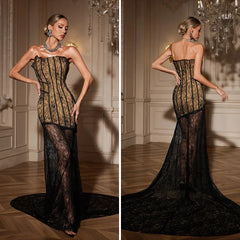 Black Lace Strapless Lace Sheer Detachable Hem Maxi Dress