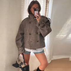 Plaid Print Stand Collar Pocket Jacket