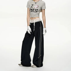 Black Bow Ribbon Lace High Waist Joggers