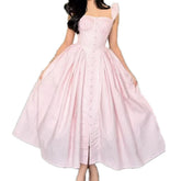 Pink Plaid Button Puff Sleeve Midi Dress