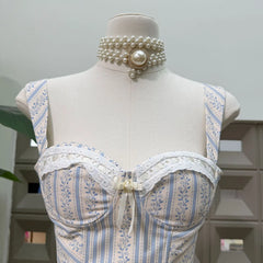 Striped Lace Trim Boned Bodice Flared Mini Dress