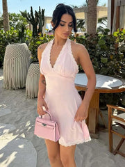 Halter Trim V-Neck Mini Satin Dress