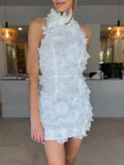 Halter 3d Flower Appliques Mini Dress