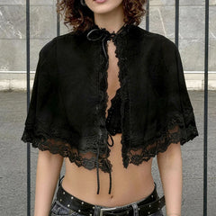 Lace Ruffle Two Layer Scalloped Edge Tie Front Shrug Top