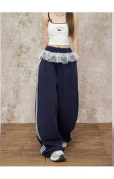 Navy Blue Wide Leg Elastic Waist Striped Sweatpants