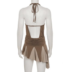 Brown  Deep V-Neck Ruffled Folds Mini Dress