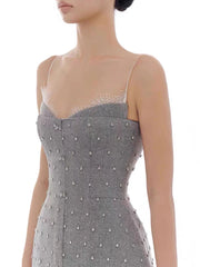Grey Stripe Sleeveless Rhinestone Mini Dress
