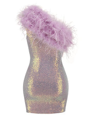 Purple One Shoulder Sequin Feather Mini Dress