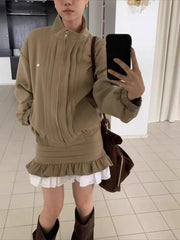 Pleated Zipper High Neck Jacket