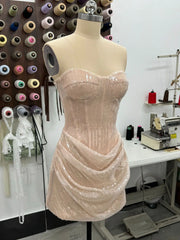 Beige Sheer Sequined Corset Draped Mini Dress