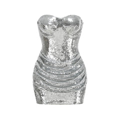 Silver Sequined Strapless with Fish Bones Waist Cinching Mini Dress