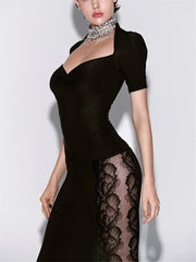 Side Lace Patchwork Black Short Sleeve Maxi Dress