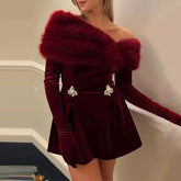 Red Fur Collar Long Sleeve Velvet Diamond Mini Dress