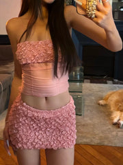 Pink Ruched Tube Top And Mini Skirt Set