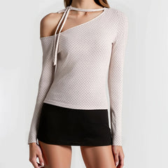 Tie-up Strap Dot Print Off The Shoulder Long Sleeve Top