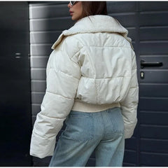 Solid Cropped Collar Button Puff Jacket