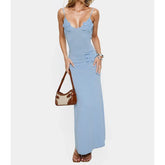 Blue Knit 3D Flower Decor Maxi Dress