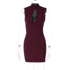 Hollow Out High Collar Bodycon Sleeveless Mini Dress