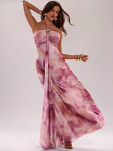 Pink Tie-Dye Mesh Halter Metal Ribbon Maxi Dress