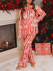 Satin Gingerbread Print Long Sleeve Shirt And Wide Leg Pants Pajamas Set