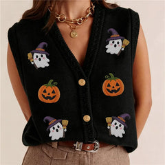 Halloween Ghost Pumpkin Patch Embroidery Knit Vest