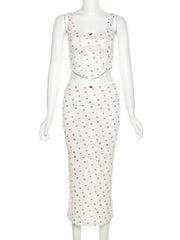 White Ribbed Rose Print Crop Corset And Midi Skirt Set