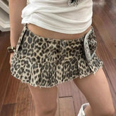 Leopard Print Denim Mini Low Waist Pleated Skirt