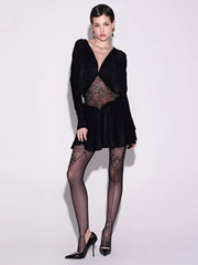Black Long Sleeve Mesh Patchwork Mini Dress