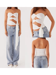 Edgy Strapless Cutout Crop Top - Contemporary Tie-Detail Bandeau