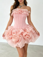 Strapless Patchwork Floral Ruffle Mini Dress
