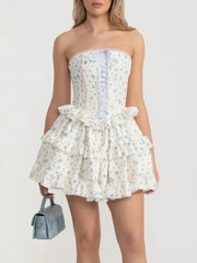 White Floral Lace Up Strapless Ruffles Mini Dress
