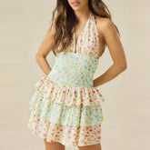 Floral Print Halter Smocked Tiered Mini Dress
