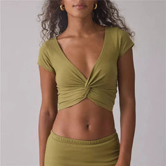 Polka Dot Deep V Front Twist Knot Crop Top